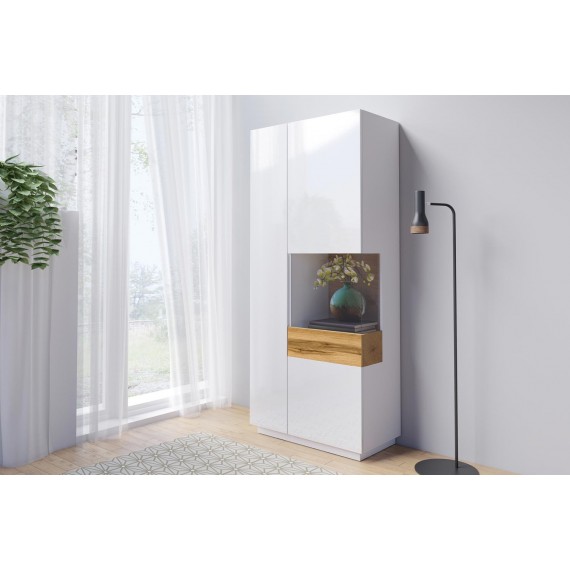 Vitrineskap Mateo 80x207 cm - Hvit Høyglans - Trelook