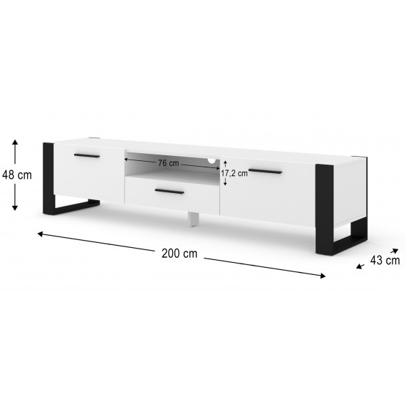 Tv-benk Nuko 200 x 48 - Hvit matt - Svart matt