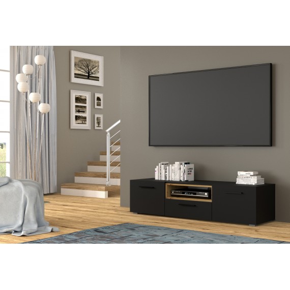 Tv-benk Anelle 151x 40 - Svart matt - Eikelook