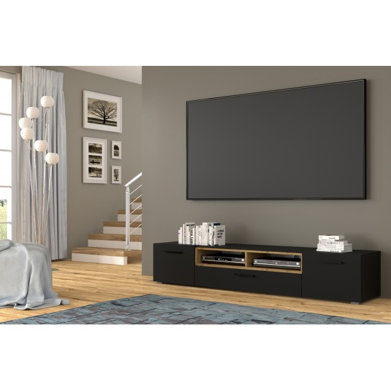 Tv-benk Anelle 198 x 40 - Svart matt - Eikelook