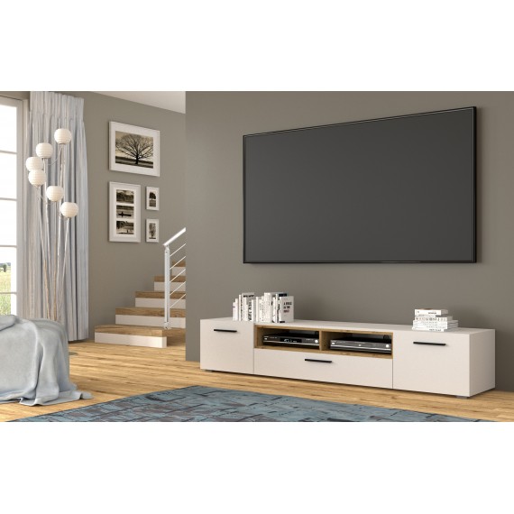 Tv-benk Anelle 198 x 40 - Hvit matt - Eikelook