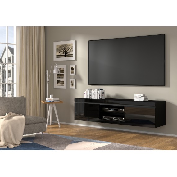 Tv-benk Neto 180 x 45 - Svart høyglans - Vegghengt