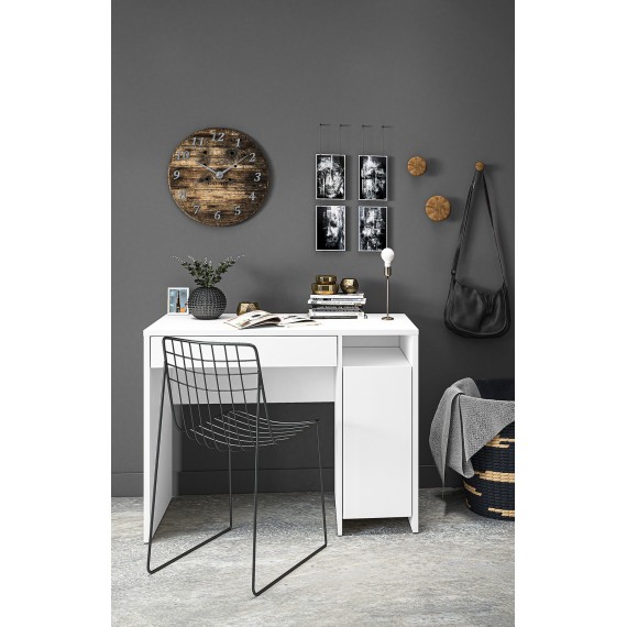 Skrivebord Kenda 102x79 cm - Hvit matt - 1 skuff - 1 dør