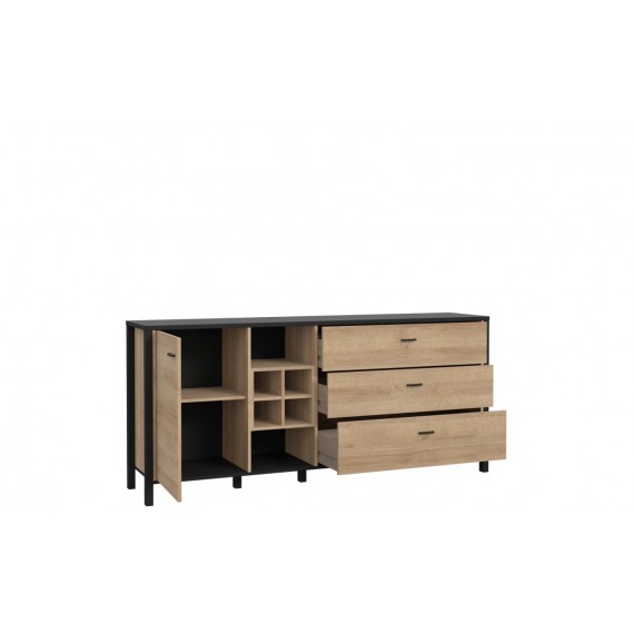 Skjenk Alera 186x85 cm - Eikelook - Svart - 1 dør - 3 skuffer