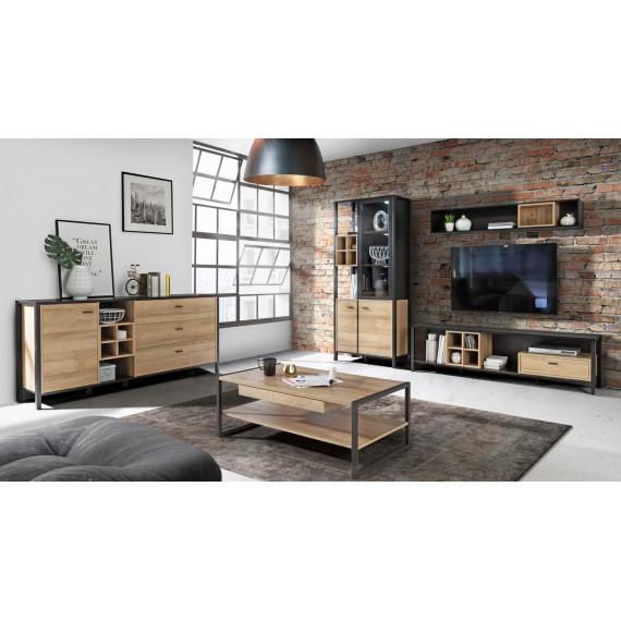 Skjenk Alera 186x85 cm - Eikelook - Svart - 1 dør - 3 skuffer