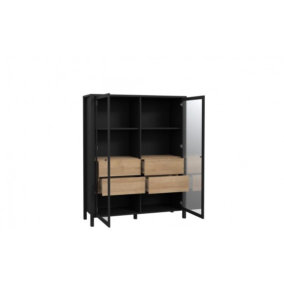 Vitrineskap Alera 121x152 cm - Eikelook - Svart - 2 dører - 4 skuffer