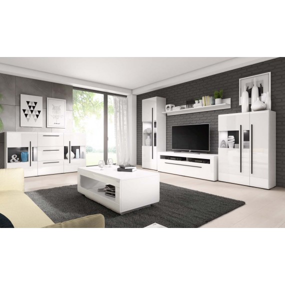 Skjenk Tulsa 180x86 cm - Hvit høyglans - 2 dører - 3 skuffer