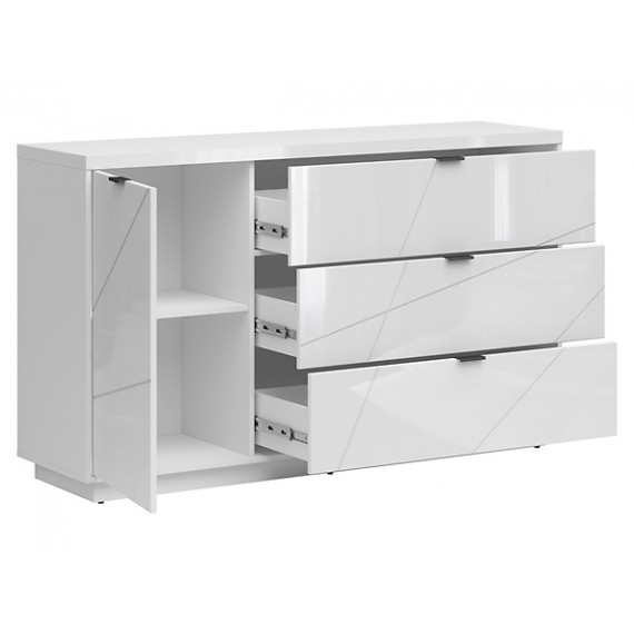 Skjenk Forn 156x93 cm - Hvit høyglans - 1 dør - 3 skuffer