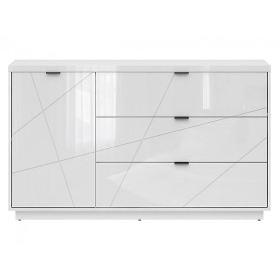 Skjenk Forn 156x93 cm - Hvit høyglans - 1 dør - 3 skuffer