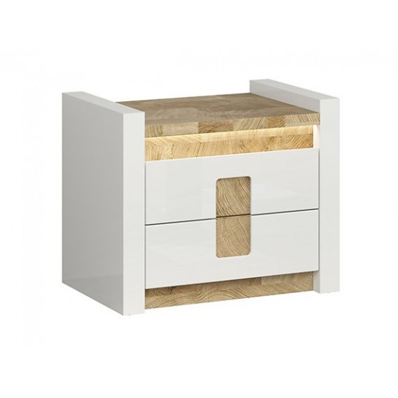 Nattbord Alameda 62x52 cm - Hvit Høyglans - Trelook - Belysning
