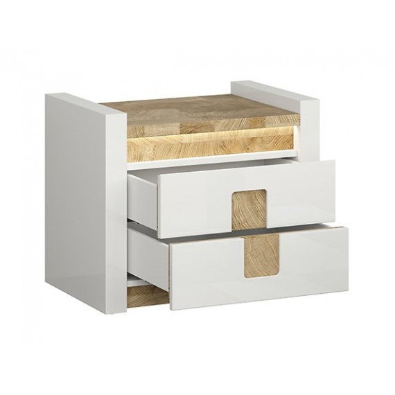 Nattbord Alameda 62x52 cm - Hvit Høyglans - Trelook - Belysning