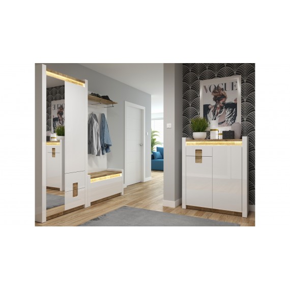 Kommode Alameda 97x97 cm - Hvit Høyglans - Trelook - Belysning