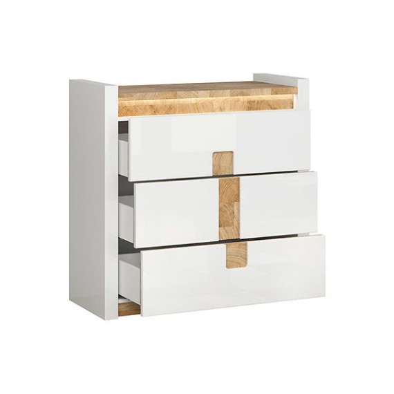 Kommode Alameda 97x97 cm - Hvit Høyglans - Trelook - Belysning