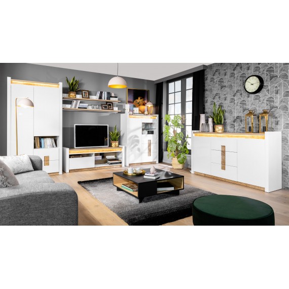 Vitrineskap Alameda 72x201 cm - Hvit Høyglans - Trelook - Led lys