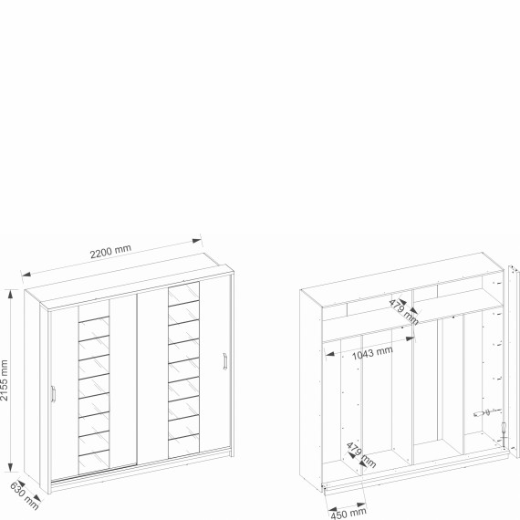 Garderobeskap Arti 220x215 cm - svart matt - LED