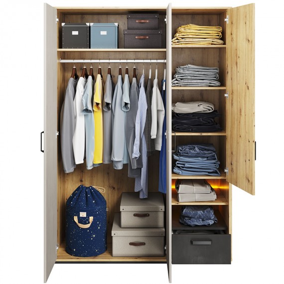 Garderobe Qubic 130 x 195 cm - Trelook - 3 dører - 1 skuff - LED