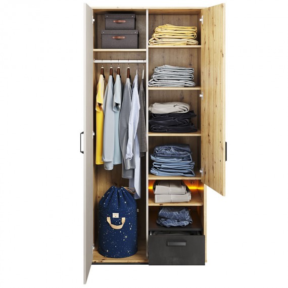 Garderobe Qubic 90 x 195 cm - Trelook - 2 dører - 1 skuff - LED