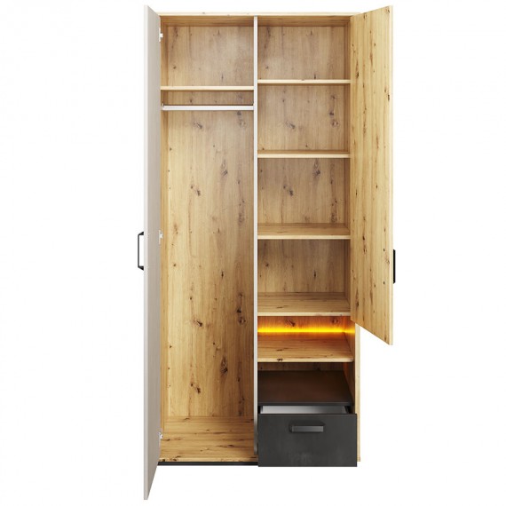 Garderobe Qubic 90 x 195 cm - Trelook - 2 dører - 1 skuff - LED