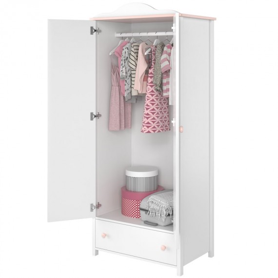 Garderobe Luna 85 x 196 cm - Hvit matt - Rosa - 2 dører - 1 skuff