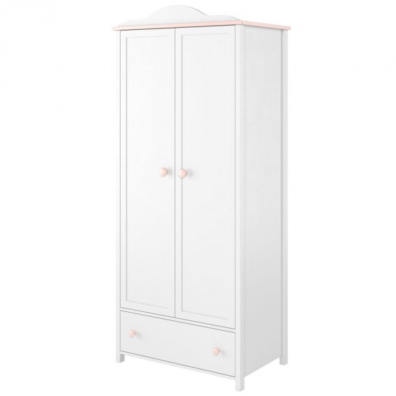 Garderobeskap Luna 85 x 196 cm - Hvit matt - Rosa - 2 dører - 1 skuff