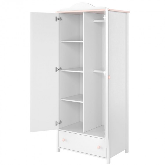 Garderobeskap Luna 85 x 196 cm - Hvit matt - Rosa - 2 dører - 1 skuff