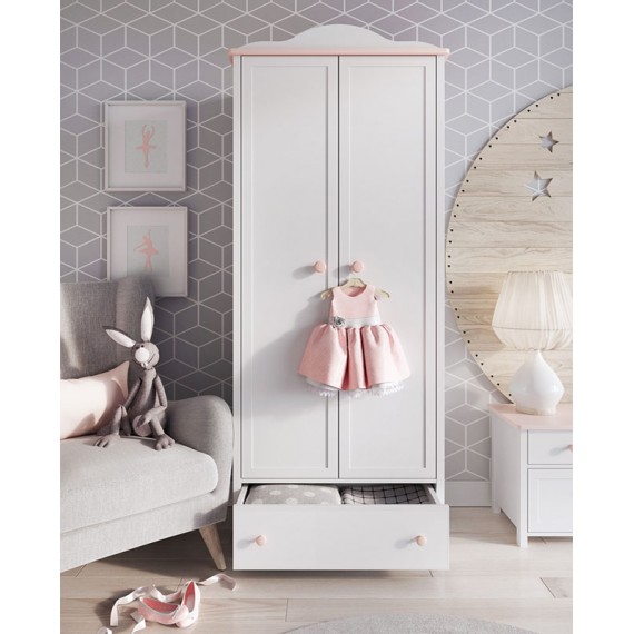 Garderobeskap Luna 85 x 196 cm - Hvit matt - Rosa - 2 dører - 1 skuff