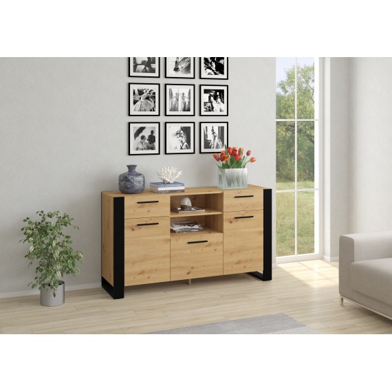 Skjenk Nuka 155x87 cm - eik artisan - 3 dører - 2 skuffer