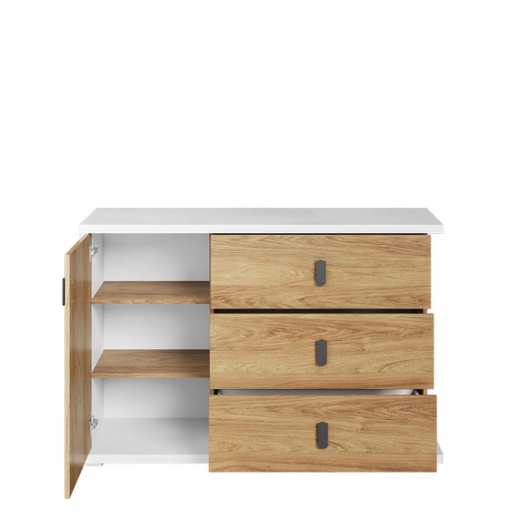 Skjenk Simi 135x90 cm - Hvit matt - Eik - 1 dør - 3 skuffer