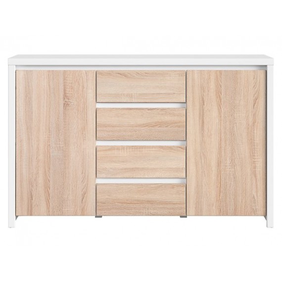 Skjenk Aversa 144x92 cm - Hvit matt - Eik Sonoma - 2 dører - 4 skuffer