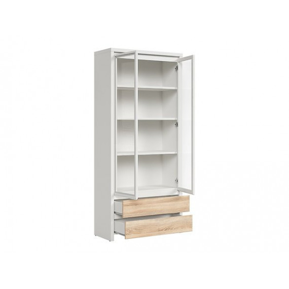 Vitrineskap Aversa 90x201 cm - Hvit matt - Eik sonoma - 2 dører - 2 skuffer