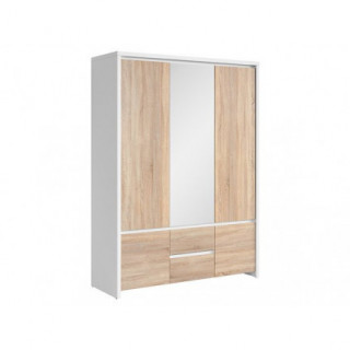 Garderobe med speil Aversa 154x211 cm - Hvit matt  - Eik sonoma - 5 dører - 2 skuffer