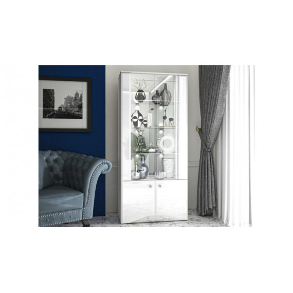 Vitrineskap Glam 87x191 cm - Hvit høyglans - 4 dører