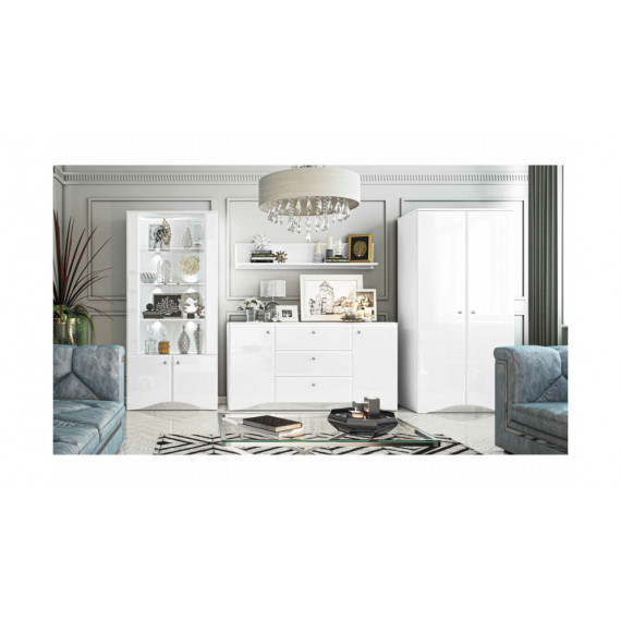 Vitrineskap Glam 87x191 cm - Hvit høyglans - 4 dører