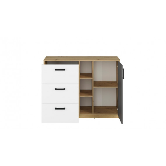 Skjenk Fin 93x120 cm - Hvit - Grå - Eik - 1 dør - 3 skuffer