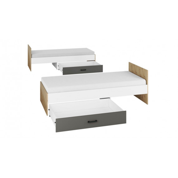 Seng Fin 200x90 cm - Hvit - Grå - Eik - 1 skuff