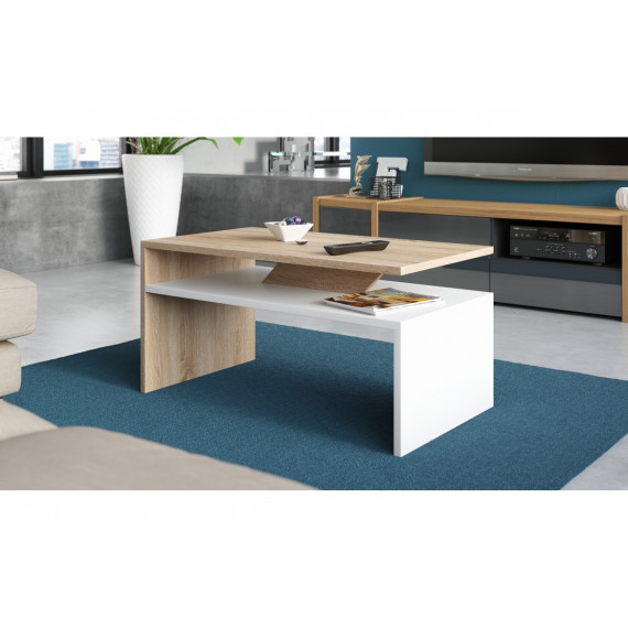 Sofabord Prima 90 cm - Sonoma eik - Hvit - med hylle