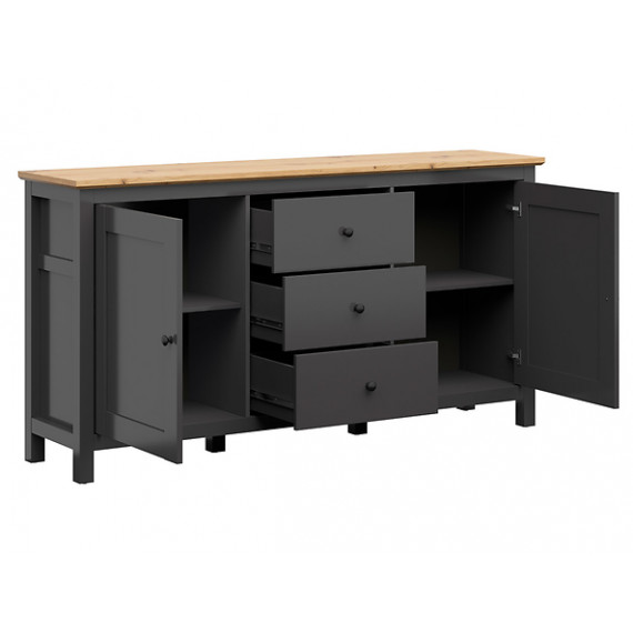 Skjenk Hesen 186x96 cm - 3 skuffer - 2 dører - grafitt - eik artisan