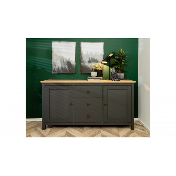 Skjenk Hesen 186x96 cm - 3 skuffer - 2 dører - grafitt - eik artisan
