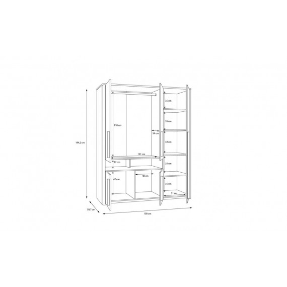 Garderobeskap Surf 158x194 cm - Grå matt - Eik catania - 5 dører