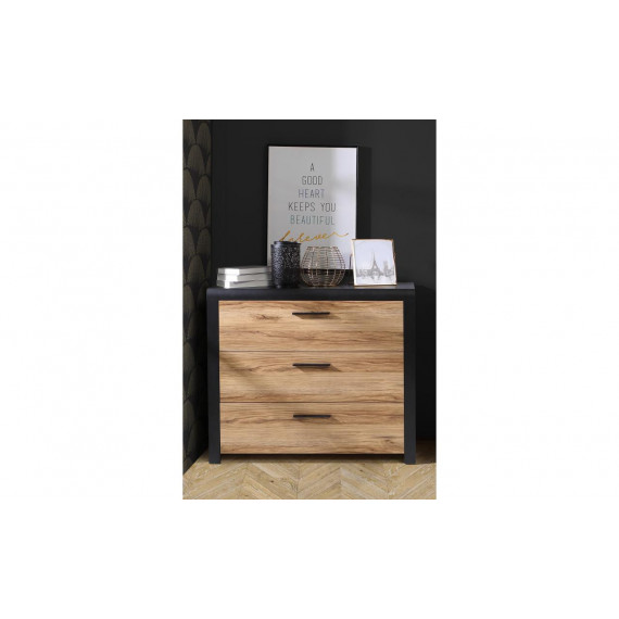 Kommode Dalate 101x88 cm - eik catania - svart matt - 3 skuffer