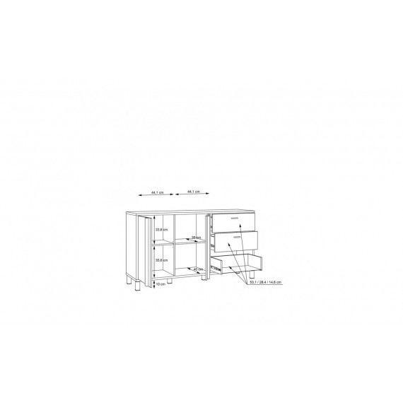 Skjenk Hayato 155x85 cm - picea - svart matt - 2 dører - 3 skuffer