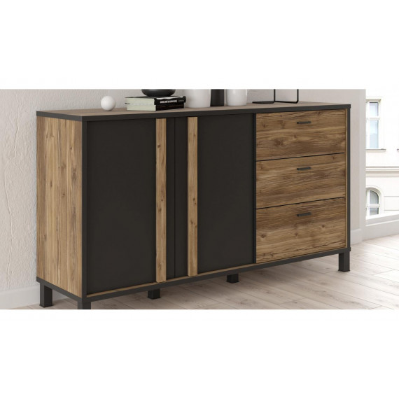 Skjenk Hayato 155x85 cm - picea - svart matt - 2 dører - 3 skuffer