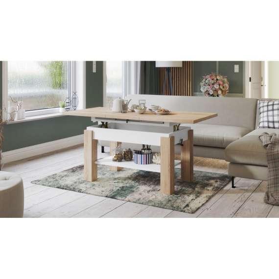 Sofabord Astoria 110-150x68 cm - eik sonoma - hvit matt - justerbart