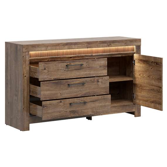 Skjenk Torin 157 cm - Eikelook - 1 dør - 3 skuffer - med belysning