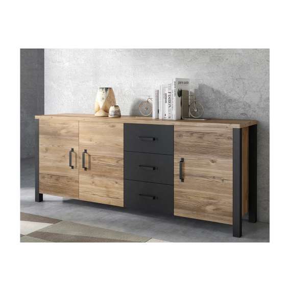 Skjenk Olin 192x79 cm - Trelook - 3 dører - 3 skuffer