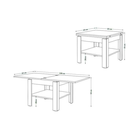 Sofabord LEO 65-130x65 cm - eik sonoma - hvit matt