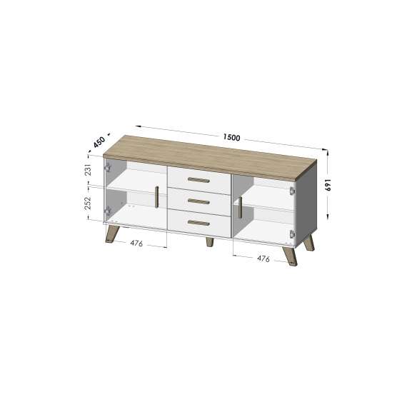 Tv-benk Lotta 150x69 cm - eik wotan - svart matt -  2 dører - 3 skuffer
