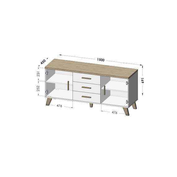 TV-benk Loretta 150x69 cm - Svart matt - Eik wotan - 2 dører - 3 skuffer