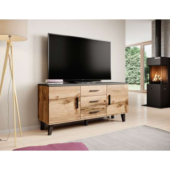 Tv-benk Lotta 150x69 cm - eik wotan - svart matt -  2 dører - 3 skuffer