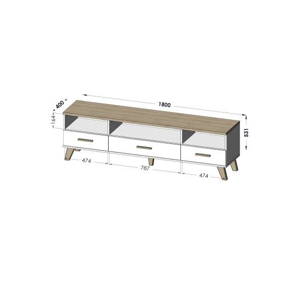 TV-benk Lotta 180x53 cm - eik wotan - svart matt - 3 skuffer